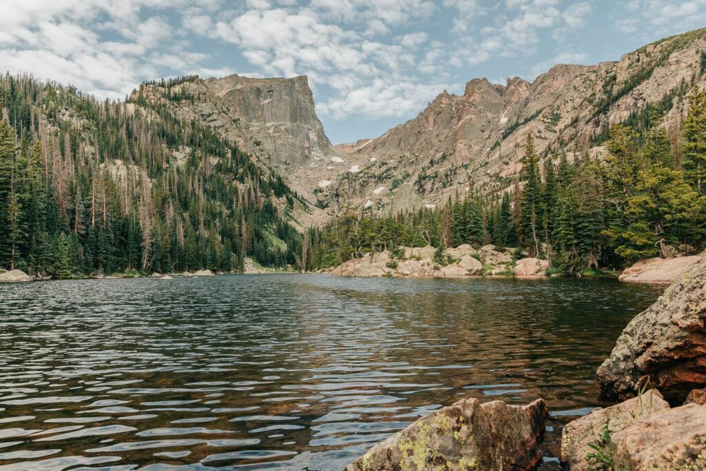 Landscape of Dream Lake in Rocky Mountain National Park.